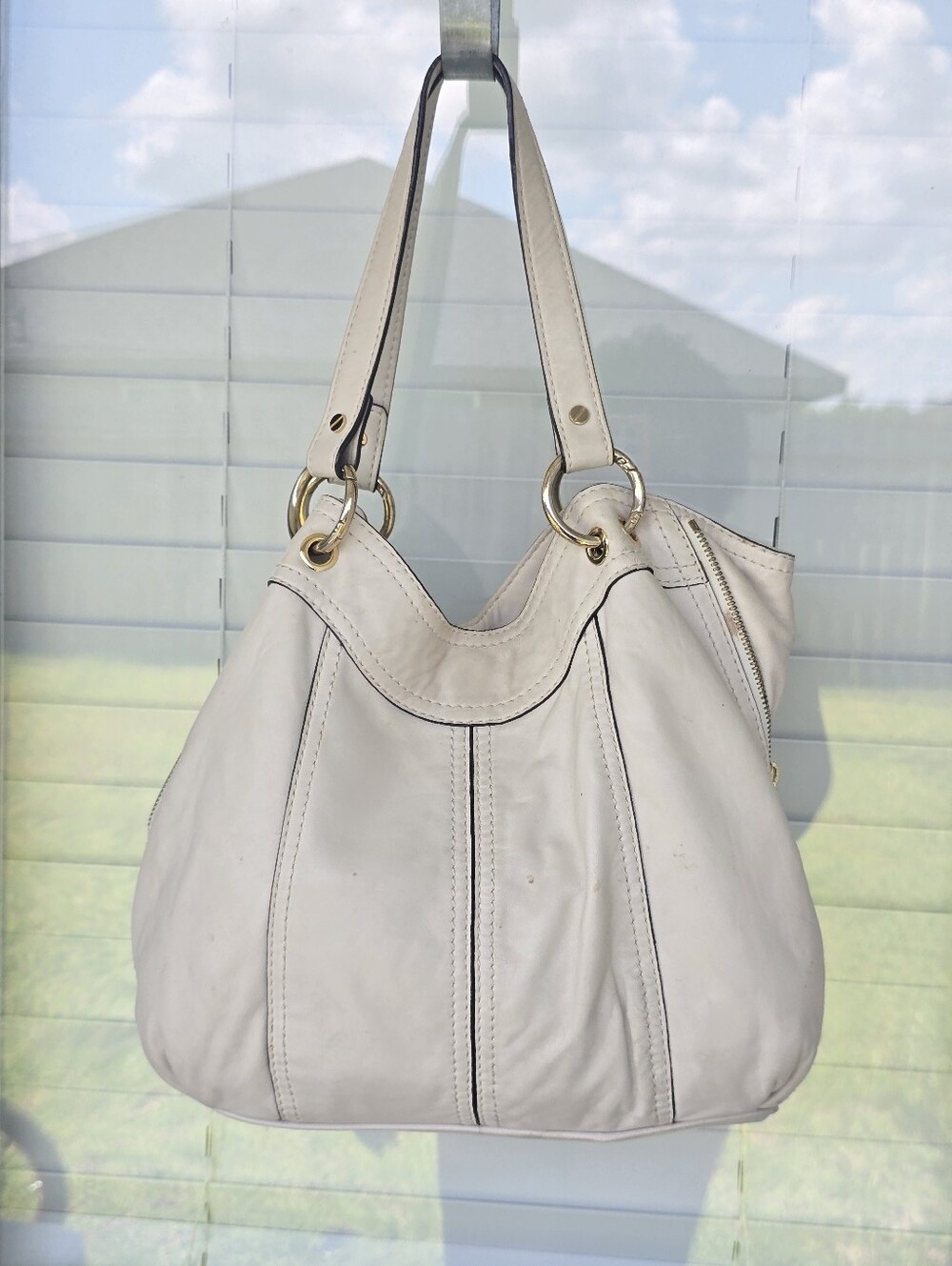 Michael Kors Ivory Leather Hobo Shoulder Bag Gold Hardware Large Slouchy Tote
